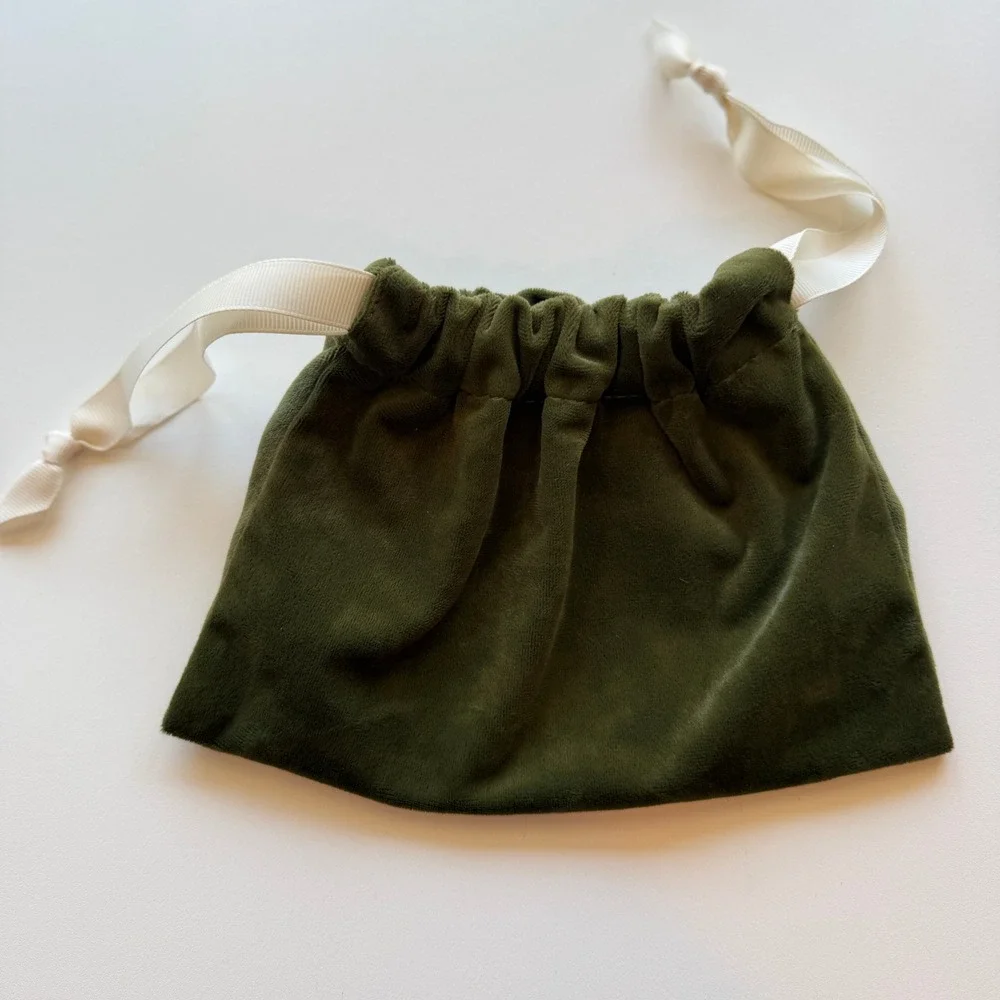 Victoria Beckham Olive Green Velvet Drawstring Pouch Ribbon Tie Logo Accessory